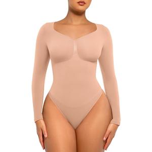 FeelinGirl Women's Long Sleeve Bodysuit for Tummy Control Seamless Body Suits Thong V Neck Going Out Tops XS