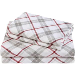 Comfort Spaces Cotton Flannel Sheets Full Size, Ultra Soft Flannel Sheet Set with 12" Elastic Pocket , Plaid Print Warm Flannel Bedding, Grey/Red Plaid 4 Piece