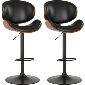 KCC Bar Stools Set of 2, Swivel Adjustable Height Barstools, PU Leather Upholstered Bar Chairs with Footrest, Bentwood Bar Stool for Kitchen, Bar, Dining Room(Black PU)