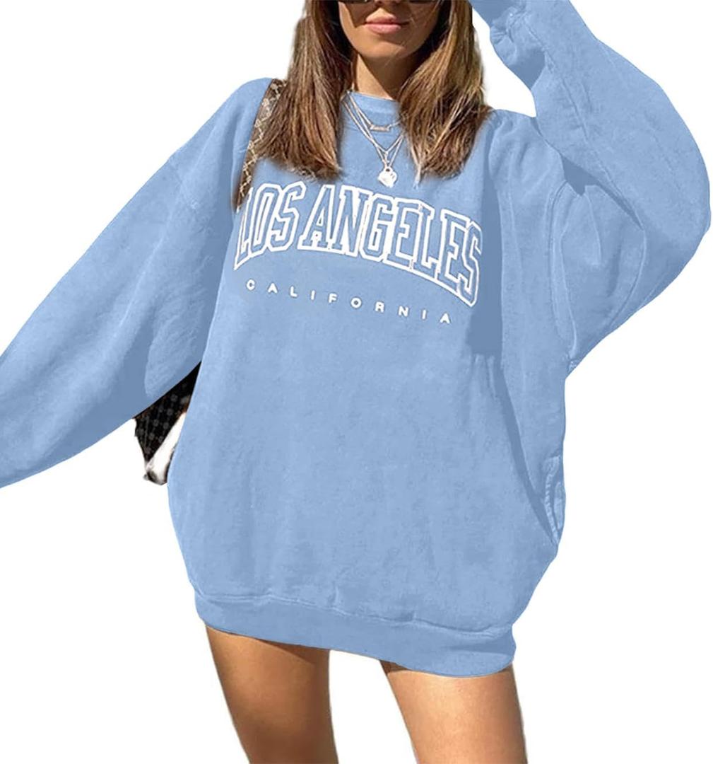 LilyCoco Womens Oversized Graphic Sweatshirt Long Sleeve Crewneck Pullover Shirt Blue Small (Blue, S)