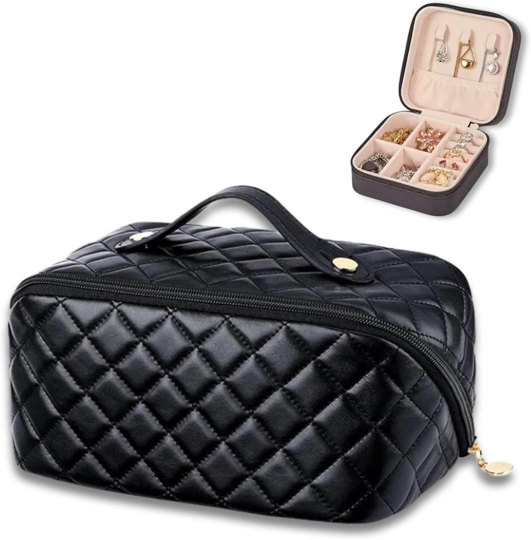 Travel Cosmetic Bag,Large Capacity Makeup Bags for Women,Waterproof Portable Pouch and Toiletry Bag with Jewelry Organizer for Rings,Earrings,Necklaces,Stylish for Women. (Black)