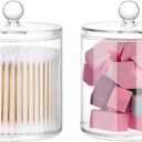 20-Ounce Qtip Holder Storage Canister Set of 2, Clear Plastic Apothecary Jar with Lid, Bathroom Makeup Organizer for Cotton Ball, Cotton Swab, Pads, Powder Puffs (2)