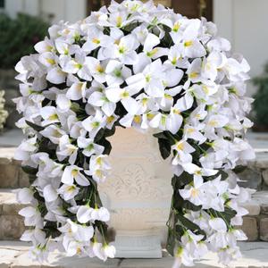 2pcs Outdoor Artificial Faux Bougainvillea Hanging Flowers Plants, Fake White Flowers Plant Silk UV Resistant for Outdoor Outside Summer, Decoration For Front Door Porch Planter Balcony (White)