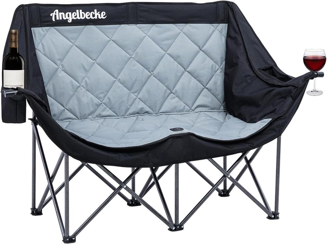 Double Camping Chair Oversized Padded Camping Sofa for 2 Person Heavy Duty Outdoor Folding Couch Portable Lawn Chair with Dual Cup Holders & Glass Holders Weight Bearing 660LBS (Black+grey)