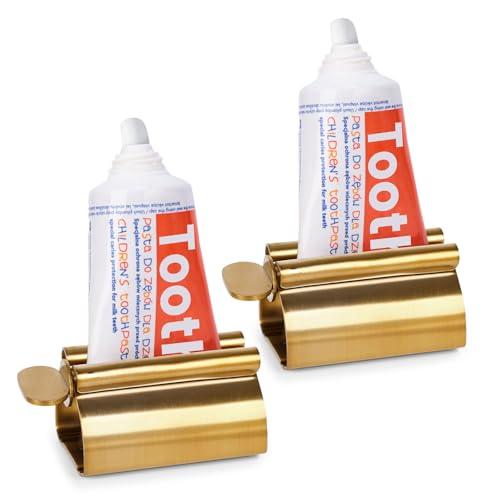LOVEINUSA Toothpaste Tube Squeezer Dispenser, Toothpaste Roller Squeezer Tool Stainless Steel Tooth Paste Holder for Bathroom, Matt Gold, 1 Piece