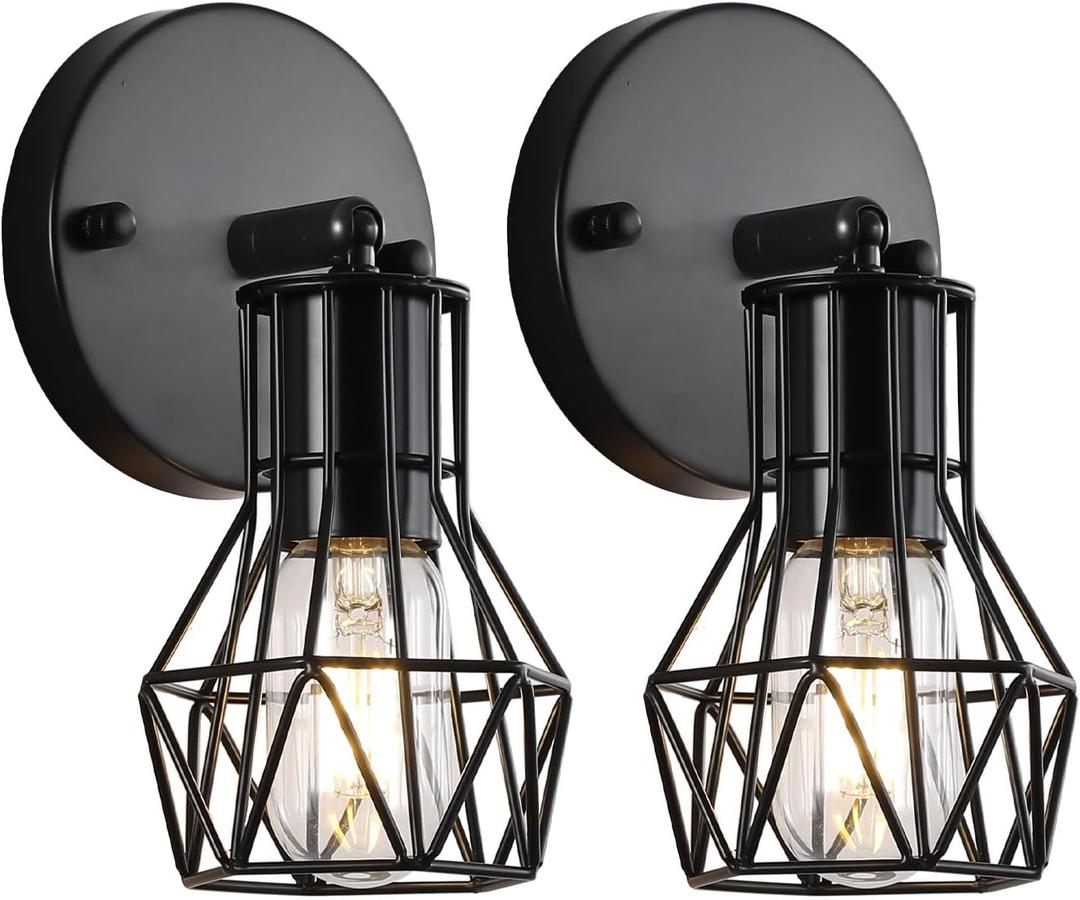 Industrial Wall Sconces Set of Two, Small Farmhouse Wire Cage Wall Lighting Sconce, Wall Lights for Living Room Bedroom Bathroom Hallway