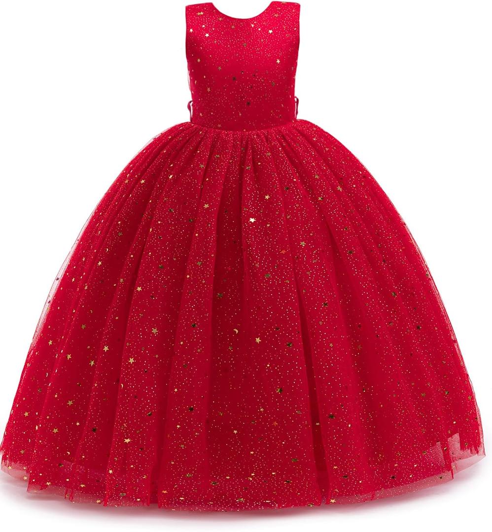 Flower Girls Tulle Dress Bridesmaid Sparkle Wedding Pageant Dresses Princess Birthday Party, Size 150, 6/7 yrs old