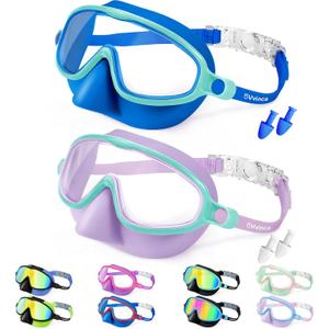Vvinca Swim Goggles with Nose Cover, 2 Pack Wide View Diving Mask Anti-Fog UV No Leak Toddlers Swimming Goggles for Kids 3-15 (02-Blue& Purple)