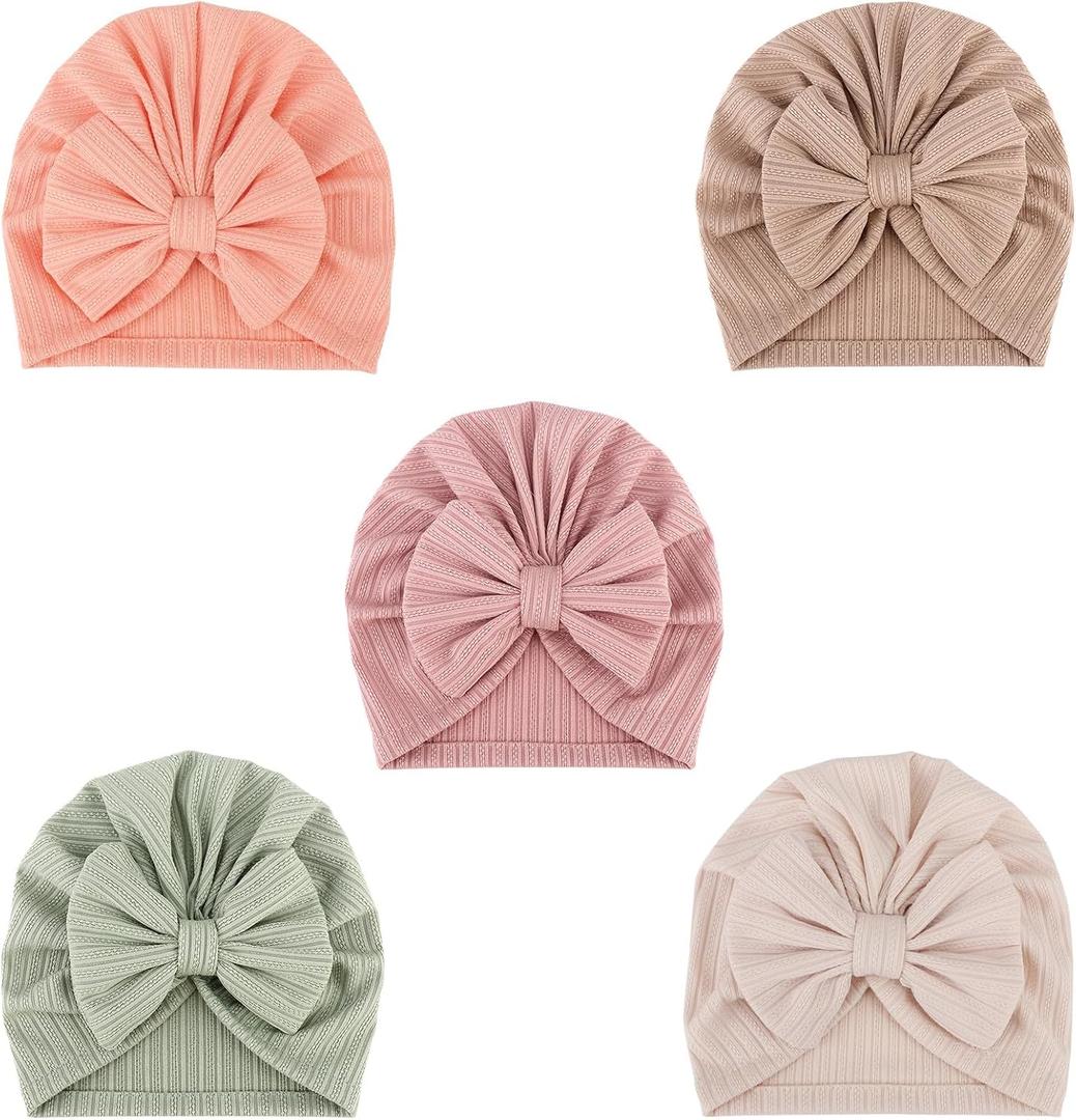 DRESHOW BQUBO 5 Pieces Newborn Baby Turban Hats Bow Baby Infant Beanie Breathable Toddler Cap for Baby Girls (5 Pcs Bow Hats/ 3-12 Months I (Thin for Spring/Summer))