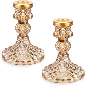 OwnMy Set of 2 Gold Glass Taper Candle Holders Decorative Glass Candlestick Holders, Modern Taper Candle Stands Candlesticks for Dining Table Centerpieces Wedding Church Decor