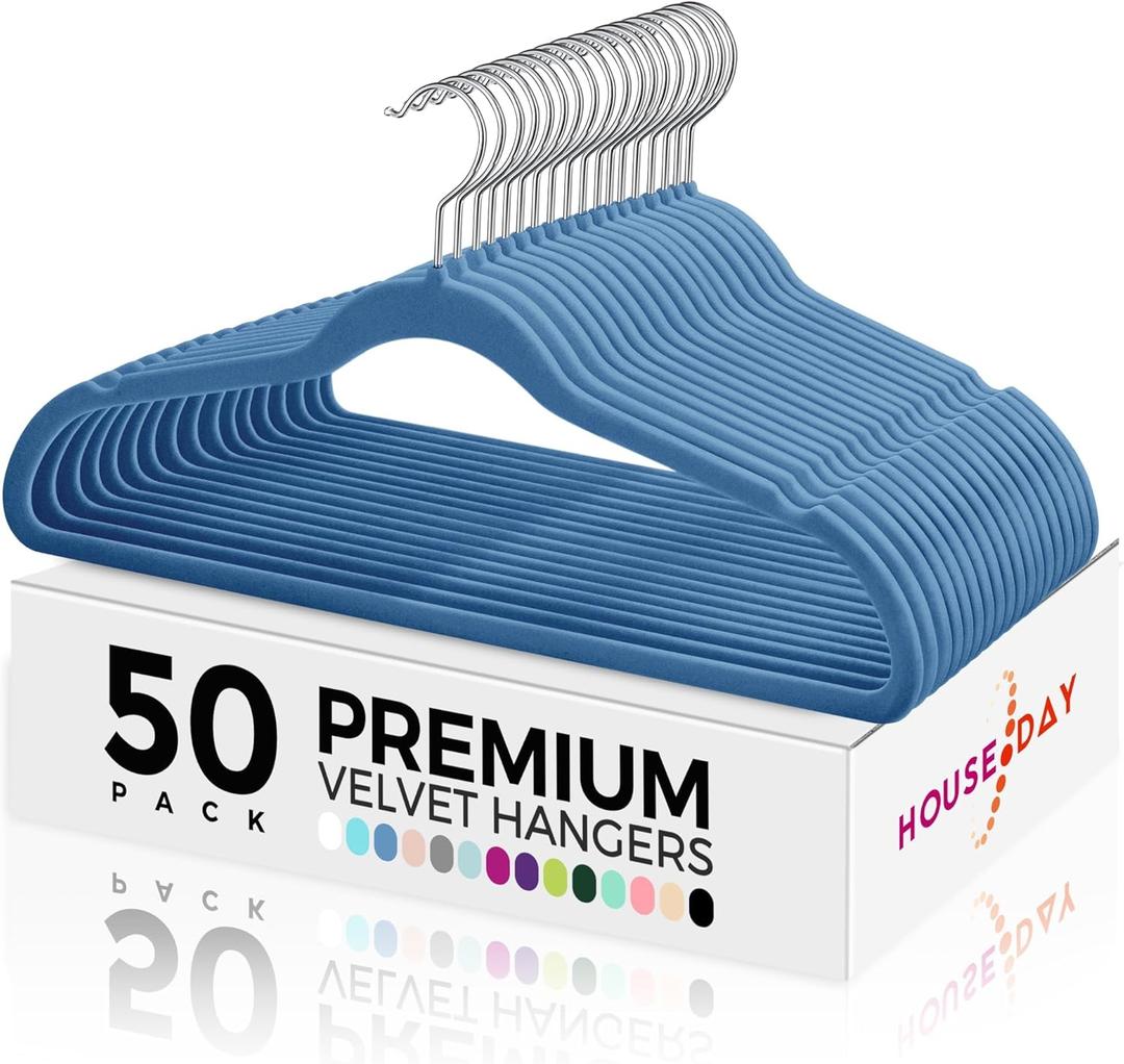 HOUSE DAY Premium Velvet Hangers 50 Pack Blue, Non-Slip Flocked Felt Hangers, Sturdy Clothes Hanger with 360 Rotatable Hook, Heavy Duty Durable Slim Coat Hanger for Closet Space Saving (Tranquil Blue/ Silver)