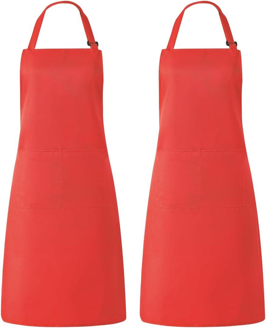 2 Pack Red Aprons for Cooking with Pockets Kitchen Aprons for Chef Men Women Adjustable Neck Strap BBQ Grilling Apron
