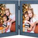 Frametory, 5x7 Double Hinged Picture Frame with Glass Front, Engineered Wood Two Photo Frame Collage for Vertical Display, Side by Side Standing Frame (Blue, 1 Pack)