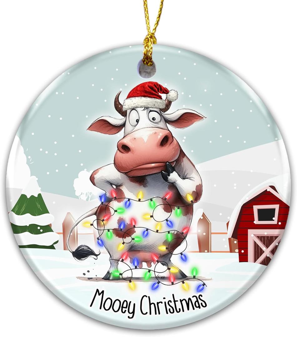 Cow Ornament 2025, Mooey Christmas  Funny Farmhouse Christmas Tree Decoration, Cute Cow Tangled in Lights, Rustic Barn Winter Scene, Ceramic Holiday Ornament for Cow Lovers, Farmers