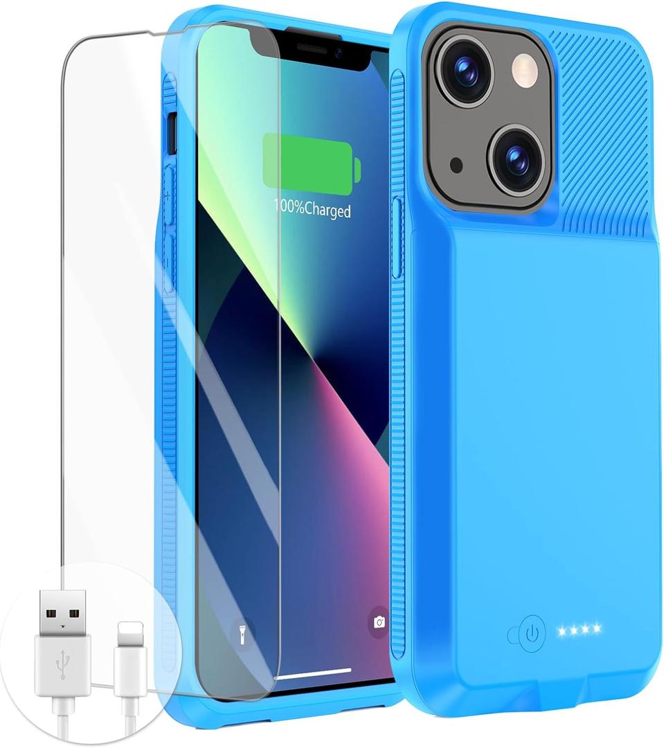 GIN FOXI Battery Case for iPhone 13/13 Pro/14/14 Pro, Charging Case 7000mAh Rechargeable Ultra-Slim Anti-Fall Protection Extended Charger Cover for iPhone 14/14Pro/13/13 Pro Battery Case 6.1" (Blue)
