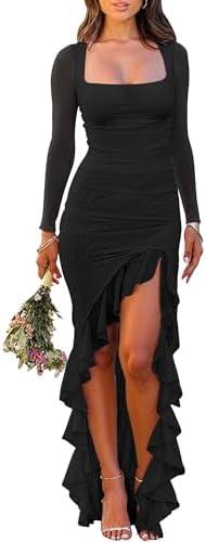 BORIFLORS Women's Ruched Bodycon Maxi Dresses Mesh Long Sleeve Square Neck Ruffle Hem Cocktail Party Dress, Small, Black 