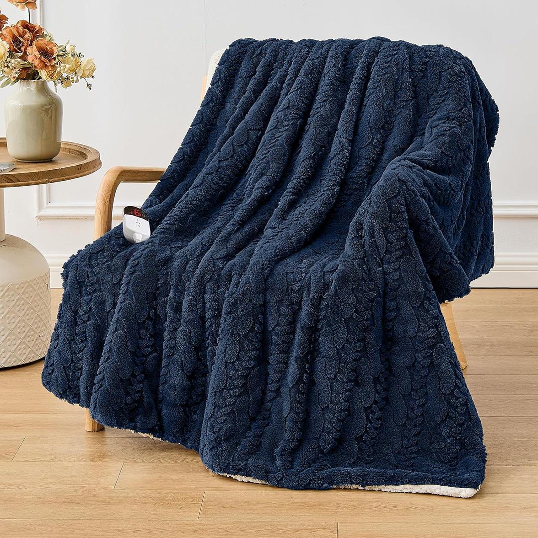 Electric Heated Throw Blanket - Jacquard Shaggy Sherpa 50"x60" Fast Heating Bed Blankets with 6 Heating Levels & 4 Hours Auto Off, Over-Heated Protection ETL, Navy Blue