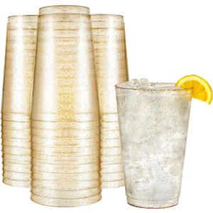 Rkay 14 oz Gold Glitter Plastic Cups For Party  50 Pack Gold Plastic Cups  Hard Disposable Cups  Premium Heavy Duty Gold Cups  Disposable Cocktail Glasses  Party Cups (50 Pack, 14, ounces)