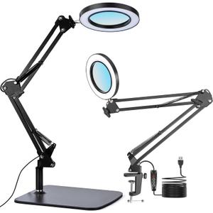 15X Real Glass Lens Magnifying Glass with Light  3 Color Modes & Adjustable Brightness, Hands-Free Magnifier with Metal Base & Clamp for Crafts, Repair, Reading, Sewing, Painting & Close Work