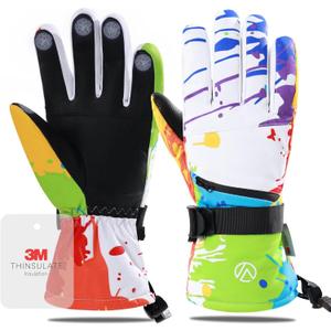 Snow Gloves, Waterproof Warm Ski Gloves Thermal for Winter, Fit Both Men & Women, Gift for Parent Child (Color Splatter( White))