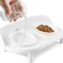 Elevated Cat Bowls, Tilted Rised Cat Food and Water Bowl with 2 Pcs Ceramic Pet Bowls, Rised Stand, Pet Dish Anti Vomiting Feeding Station for All Sized Cats & Small Dogs (White)