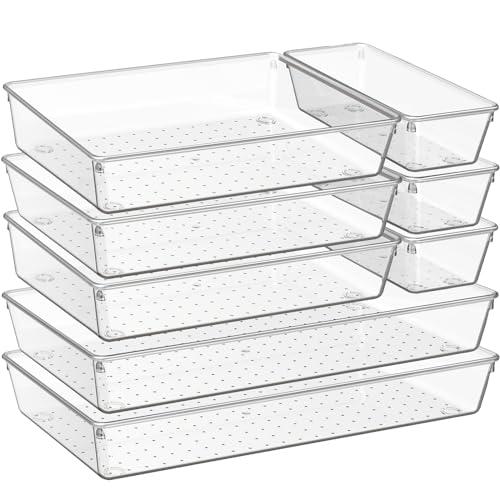 Criusia 8 Pack Drawer Organizer for Kitchen Gadgets, Large Clear Plastic Drawer Divider for Kitchen Accessories, Bathroom Organizers and Storage, Home Essentials for Makeup and Vanity Accessories