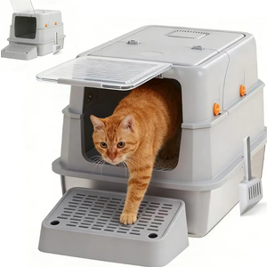 Stainless Steel Cat Litter Box - Gray High-Sided Enclosed Design, Anti-Leak, Reduces-Odors, Non-Sticky, Easy to Clean, Metal Cat Litter Box, High Side Includes Scoop and Steps, Large Capacity Kitty