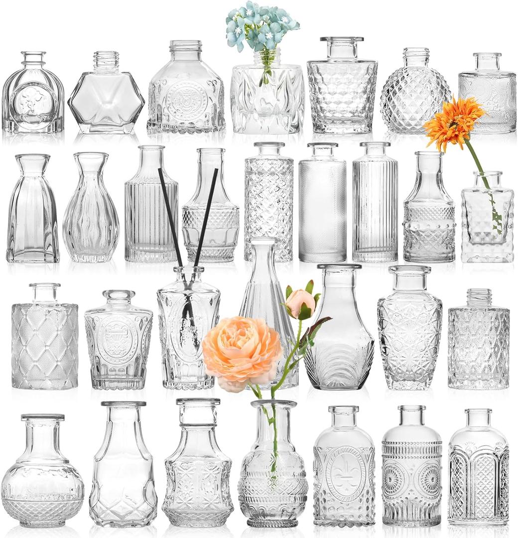Small Bud Vases, Vintage Clear Glass Bud Vases in Bulk with Unique Embossed Patterns for Wedding Centerpieces, Table Decor, Rustic Party Reception Decorations (Clear)