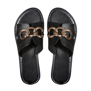 Verdusa Women's Open Toe Chain Flat Sandals Faux Leather Summer Slippers Slip on Slides 39