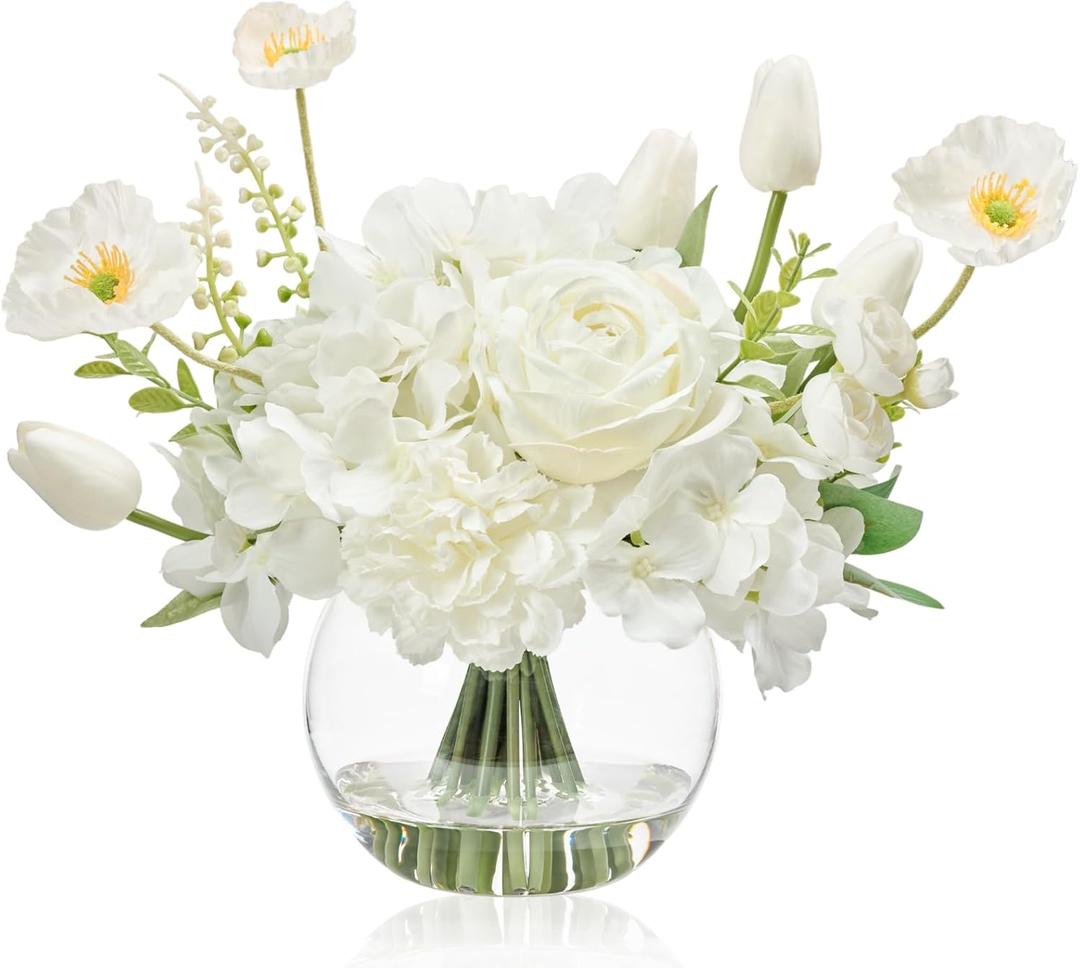 WELL KNOWN Artificial Flowers for Table Decoration Silk Hydrangea Flowers with Vase Fake Flower Arrangements in Round Bowl Vase with Faux Water for Summer Spring (White)