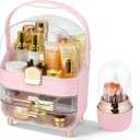 Makeup Organizer with 360 Rotating Brush Holder, Large Skincare Organizer for Vanity, Dustproof Cosmetic Display Case with 2 Drawers for Bathroom Countertop, 16" Tall Portable Beauty Storage,pink