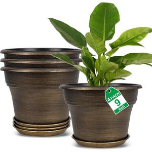 Plant Planters Pots Set of 4 Pack 9 Inch, Plastic Flower Pot for Indoor Plants with Drainage Holes & Trays, Resin Decorative Container Sets with Saucer for House Outdoor Garden Planters Dark Gold