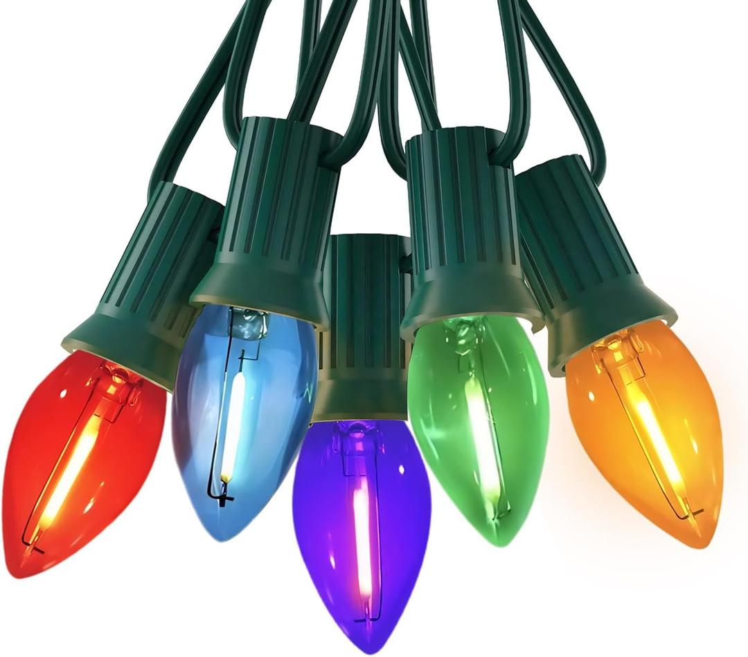 C7 LED Christmas Lights, 12FT Outdoor Multicolor String Lights with 12 Vintage C7 Bulbs, Indoor/Outside Hanging Decor for Porch, Patio, Garden, Backyard, Balcony, Holiday Party & Xmas Tree