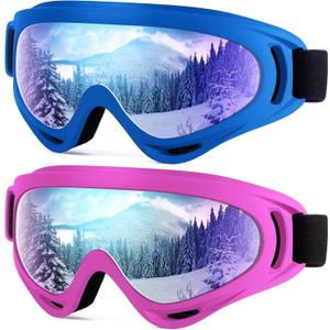 Dizywiee 2-Pack Kids Ski Goggles, Snowboard Goggles for Adult Youth Teens Boys & Girls, Winter Snow Sports Goggles (08.blue Frame With Multicolor Lens + Pink Frame With Multicolor Lens)
