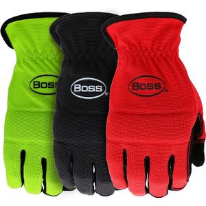 BOSS Men's Task 3-Pack High Performance Synthetic Leather Palm Work Gloves, High Dexterity, Knuckle Padding, Comfort, Abrasion Resistant, Black, Red, Large, (B52021-L3P)