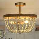 KSANA Modern Boho Semi Flush Mount Ceiling Light, Gold 3-Light Rattan Light Fixture, Farmhouse Flush Mount for Kitchen, Bedroom, Living Room, or Hallway, 14.2" D