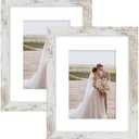 Hongkee 8x10 Picture Frame Set of 2, Made of Real Glass and Distressed White Wooden Frame - Display Picture 5x7 with Mat or 8x10 Without Mat, 8 by 10 Photo for Wall or Tabletop