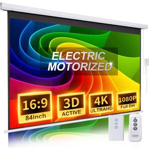 Pull Down Projector Screen Motorized 84 Inch 16:9 HD Electric Small Projector Screen Portable with Remote, Automatic Projector Screens Wall Ceiling Mount White Movie Screens for Outdoor Indoor