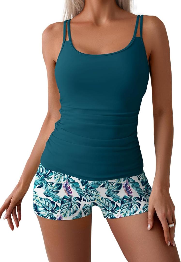 Eomenie Women's Swimsuit Tankini Set Modest Tummy Control Slimming Bathing Suits Two Piece Swim Suit with High Waisted Short, Medium, Peacock Blue