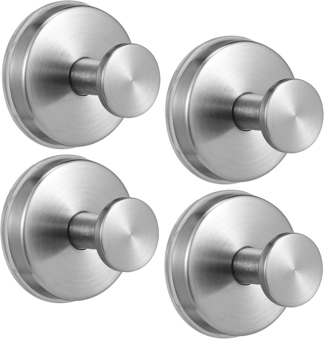 Large 15lb Suction Cup Hooks for Shower, No-Drill Bathroom Towel Hooks for Robes, Loofah, Removable Mountable on Glass, Tile, Mirrors, Smooth Non-Porous Surfaces(4, Brushed Nickel)