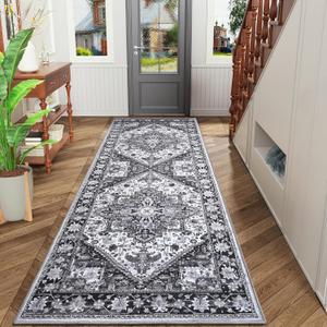 HOMORE 2x6 Hallway Gray Runner Rug for Entryway Indoor Kitchen Runner Rugs Non Skid Machine Washable for Bedroom,Stain Resistant Low Pile Accent Throw Rug for Living Room