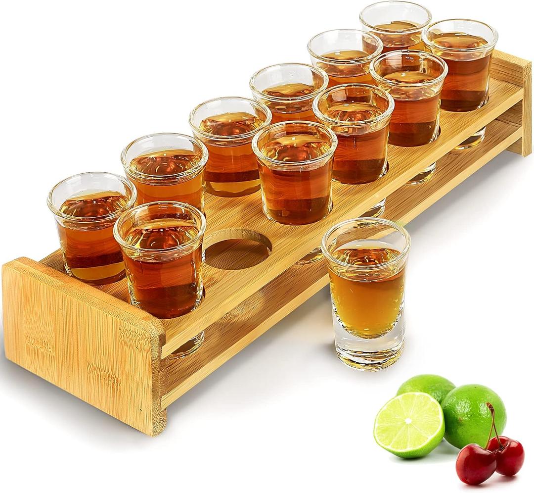 Shot Glasses Set 12pcs 30ml/1oz Shot Glass Tray Holder Organizer Straight Thick Base Clear Whiskey Tequila Glass Cups for Liqueurs Party Club Home Bar Drinking (Set of 12)