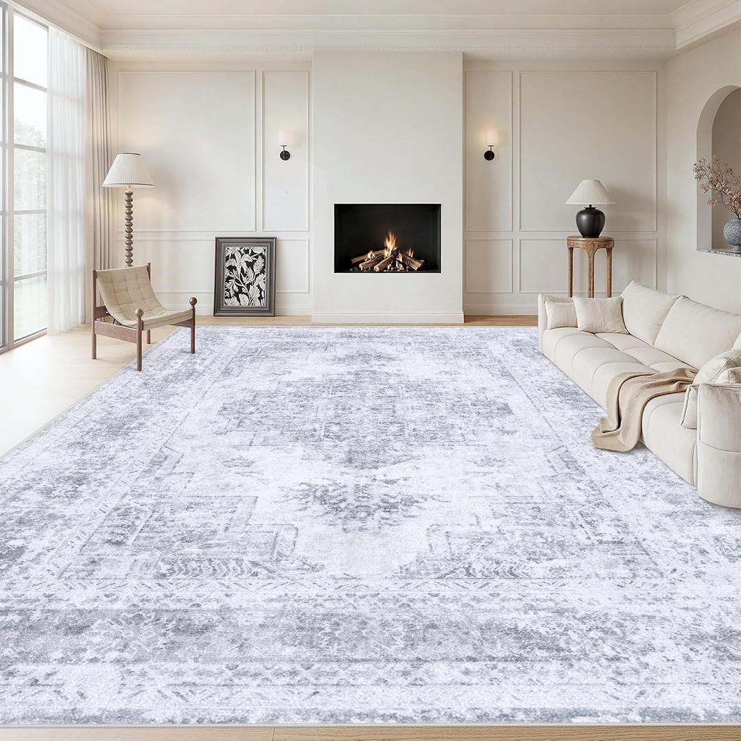 Area Rug 10x12 Living Room Rugs, Machine Washable Vintage Distressed Medallion Rug Non-Slip Soft Low Pile Large Indoor Rugs for Bedroom Kitchen Dining Room Office(Light Grey,10'x12')