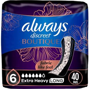 Always Discreet Boutique Incontinence Pads, for Bladder Leaks, Extra Heavy Absorbency, Long Length, Incredible Protection with a Fabric-Like Feel, 40 Count