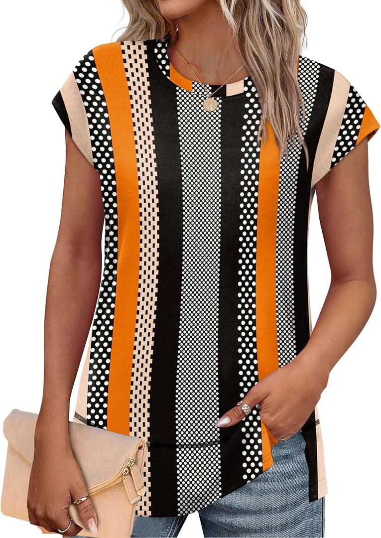 WEESO Womens Summer Tops 2025 Cap Short Sleeve T Shirts Trendy Dressy Casual Crew Neck Loose Fit Shirts (Medium, J-khaki Stripe)
