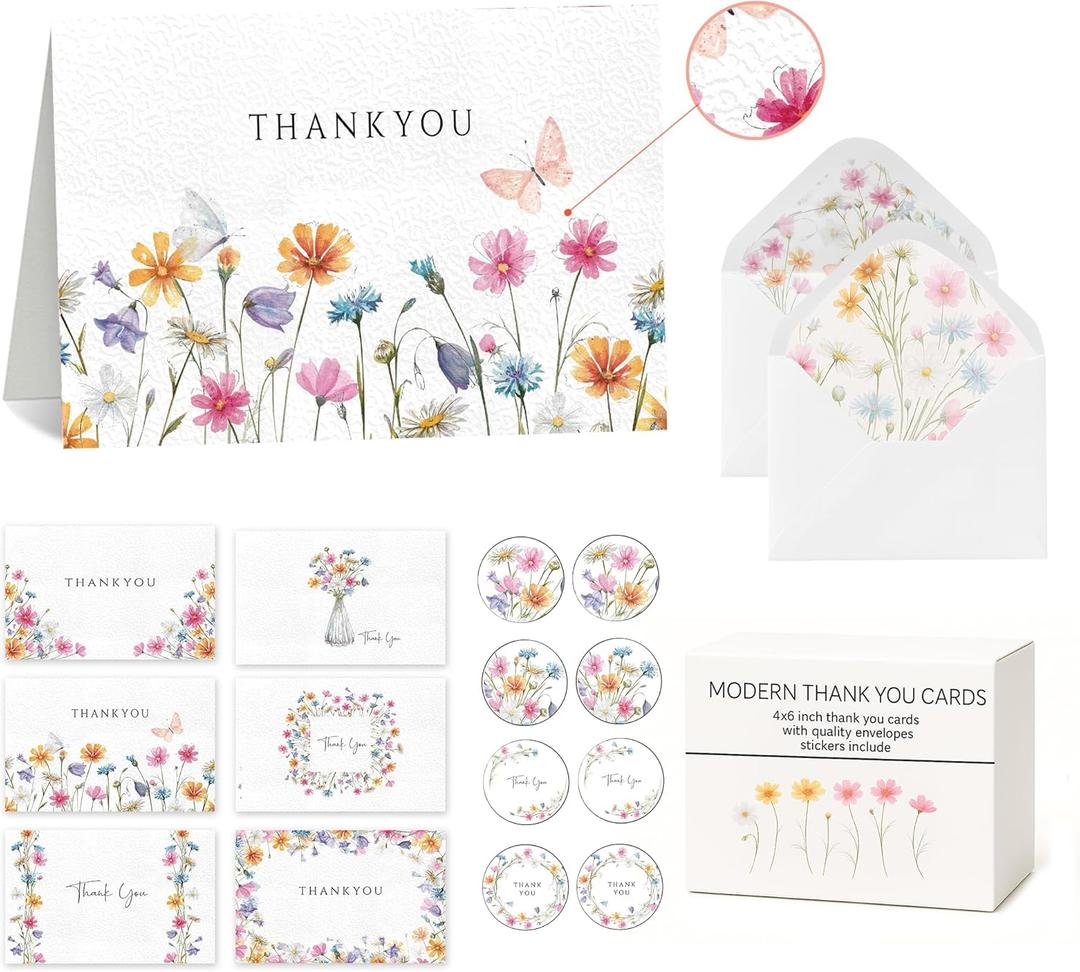60 Embossed Thank You Cards With Envelopes,6 Elegant Floral Designs, 4x6Bulk Thank You Card Set-Thank You Notes&Stickers For All Occasions,Weddings, Business & Baby Showers