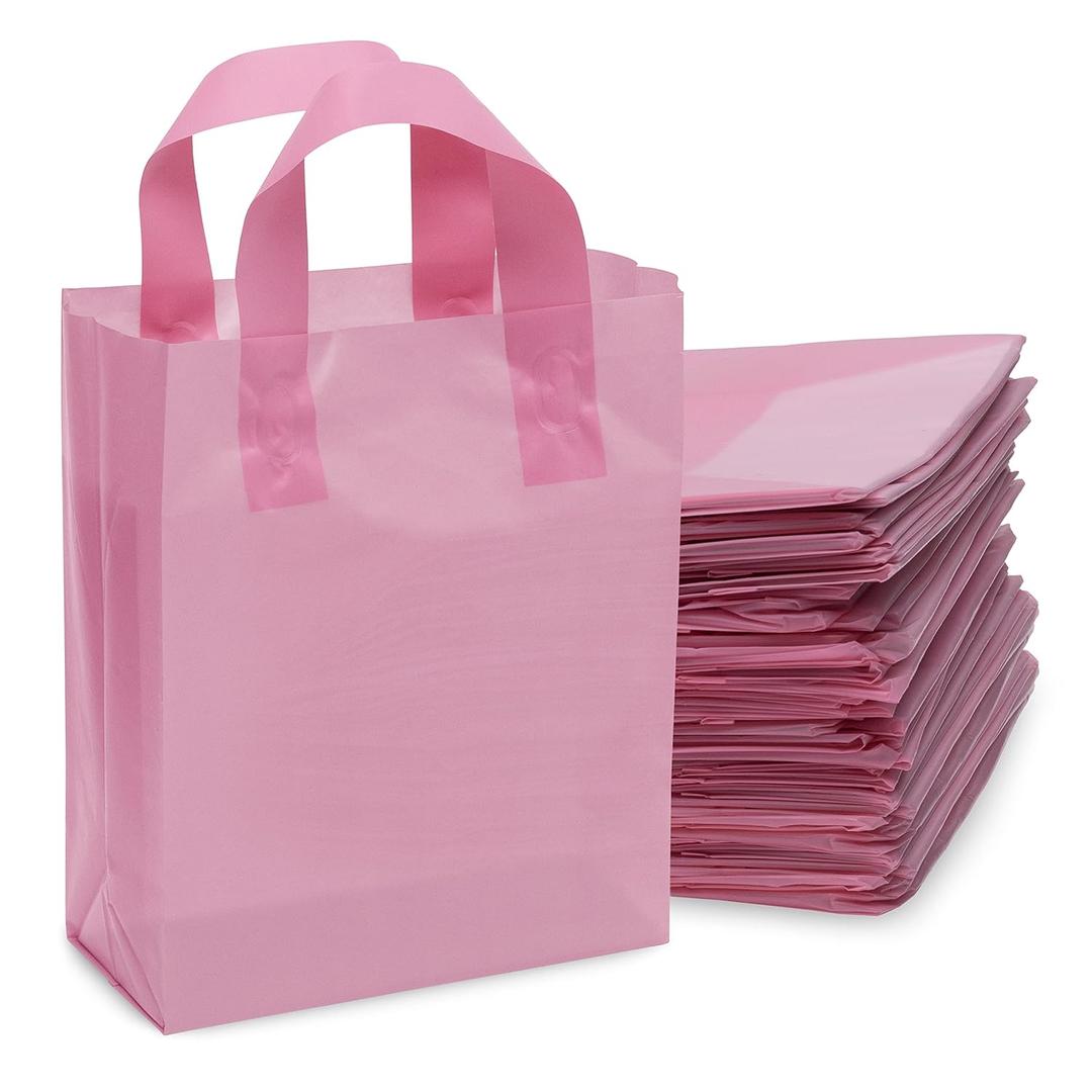 Prime Line Packaging Plastic Gift Bags with Handles, Pink Gift Bags for Small Business, Boutiques, Thank you, Goodie, Frosted Party Favors, Bulk, 8x4x10, 100 Pack