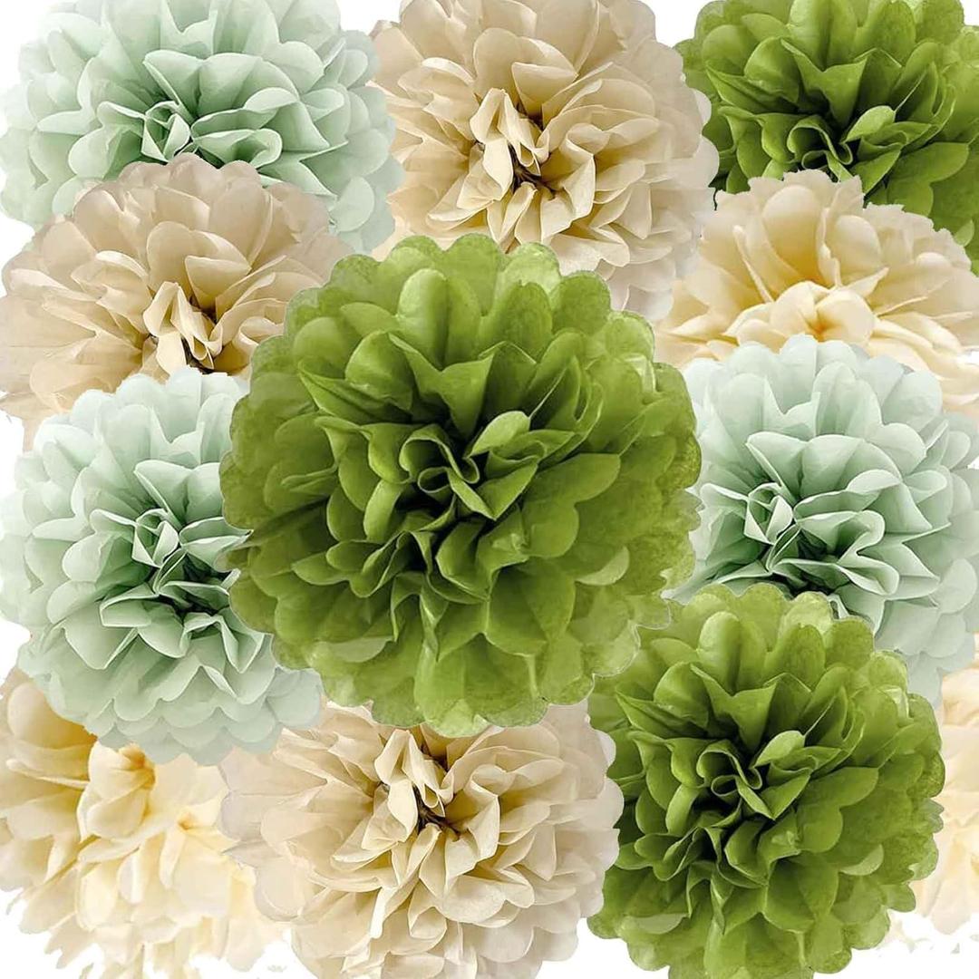 We Moment Olive Sage Green Cream Ivory Tan Tissue Paper Pom Poms Party Decorations for Neutral Baby Shower Boho Wedding Birthday Wild Safari Greenery Party Dcor 12pcs 4 Colors