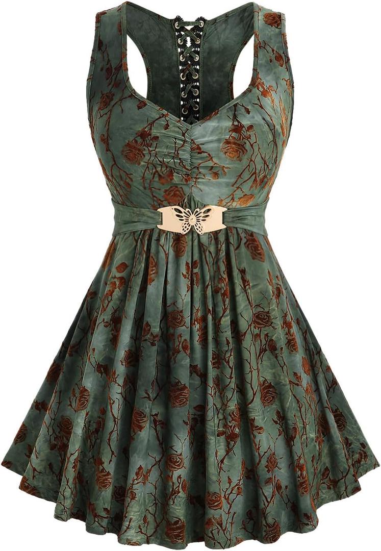 ROSE GAL Plus Size Womens Flowy Summer Racerback Tank Top Flower Elegant Flocking Ruched Butterfly Back Lace-up Casual Tunic Blouse Top Sleevesless V NEC Shirt(Green_1/L)
