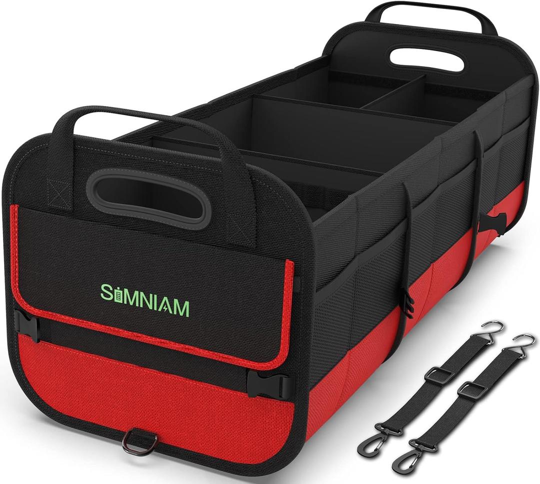 Simniam Large Trunk Organizer for Car, Collapsible Multi Compartment Car Trunk Organizer with 2 Retractable Straps, Suitable for All Kinds of Cars, SUV, Minivan - 4 Compartments Red (Medium)